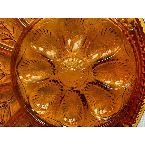 Indiana Glass Golden Amber Leaf Pattern Deviled Egg and Relish Tray - Picture 5 of 7